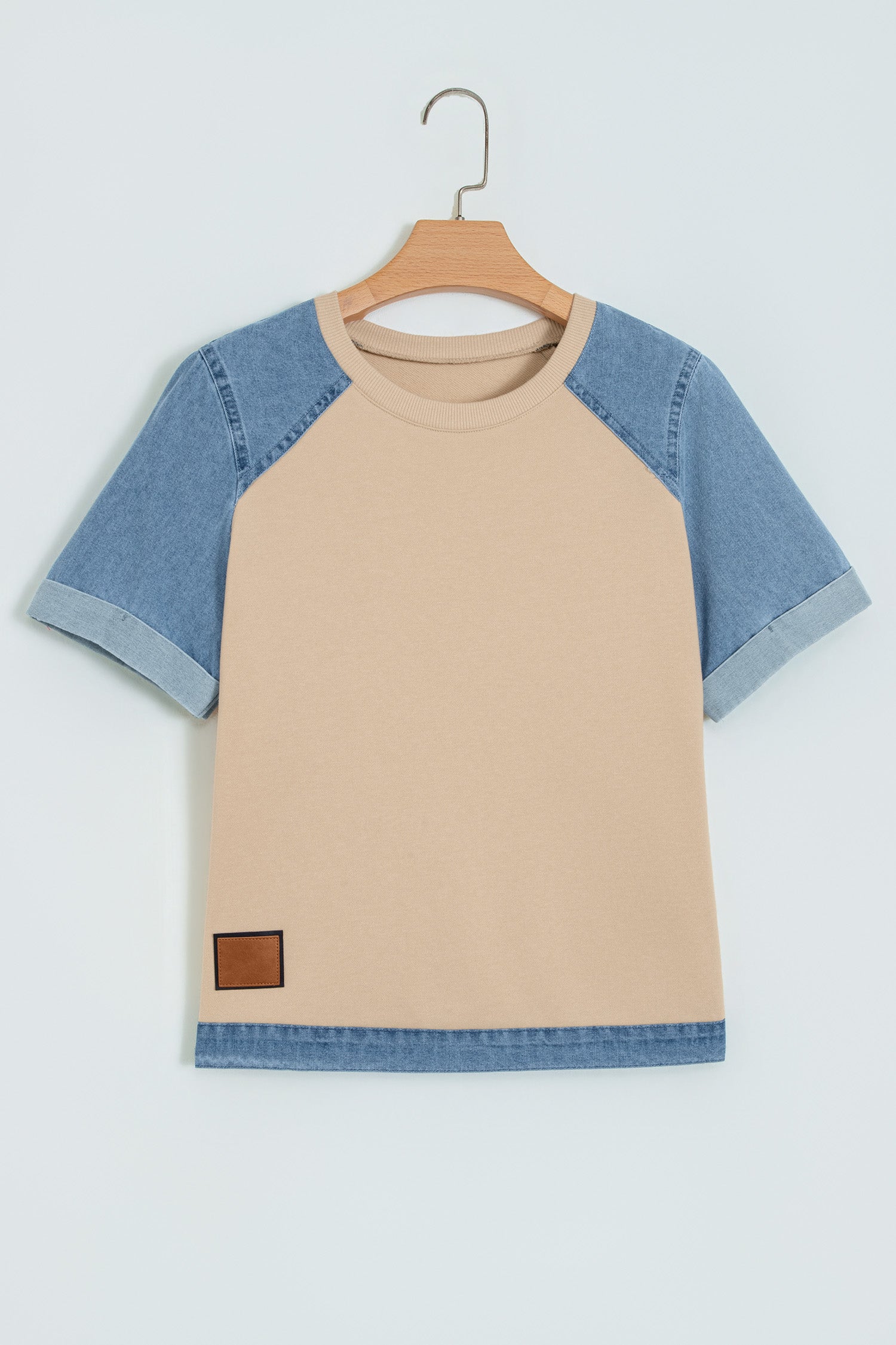Beige Denim Color Block Patchwork Round Neck Tee-Tops/Tops & Tees-[Adult]-[Female]-2022 Online Blue Zone Planet