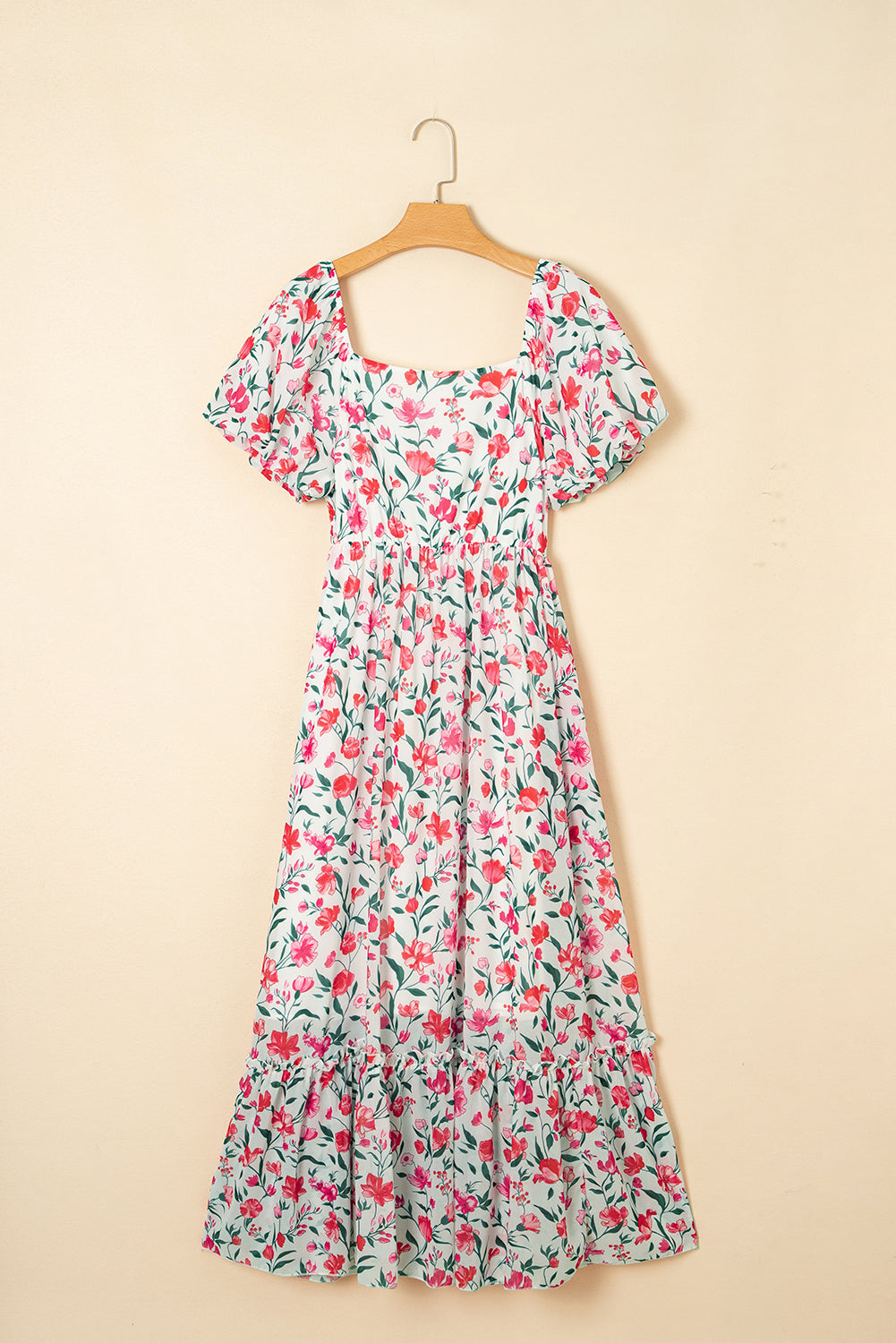 Pink Floral Puff Sleeve Square Neck Empire Waist Tiered Maxi Dress-Dresses/Floral Dresses-[Adult]-[Female]-2022 Online Blue Zone Planet