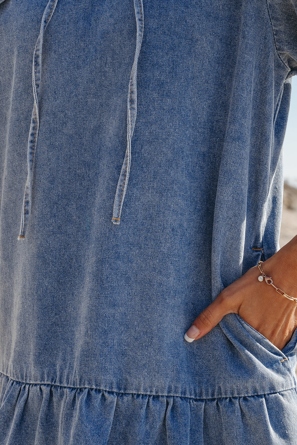 Blue Zone Planet | Dusk Blue Ruffled Collared Side Pockets Puff Sleeve Denim Mini Dress-TOPS / DRESSES-[Adult]-[Female]-2022 Online Blue Zone Planet