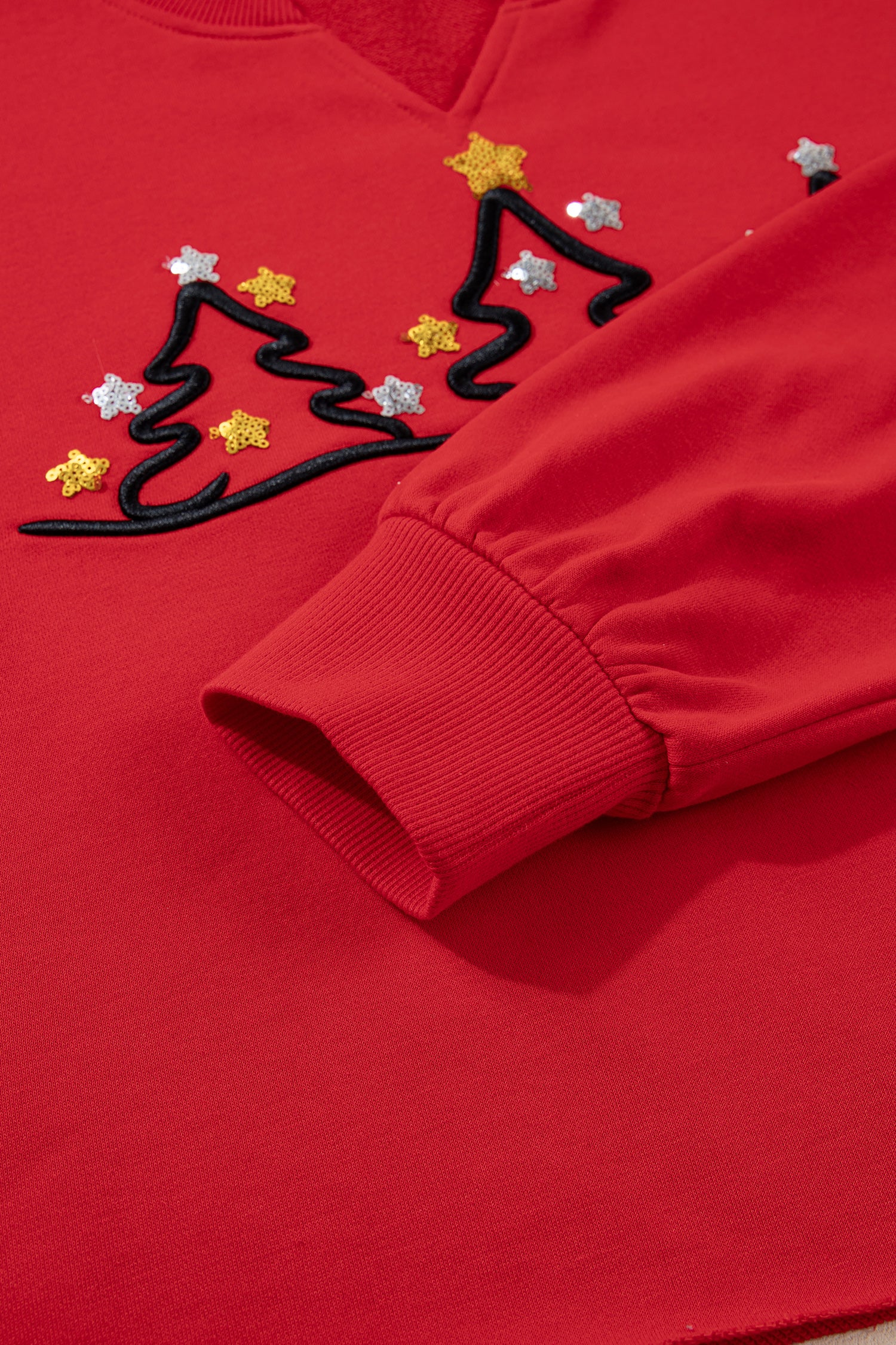 Tomato Red Christmas Tree Embroidered Notched Neck Cropped Sweatshirt-Tops/Sweatshirts & Hoodies-[Adult]-[Female]-2022 Online Blue Zone Planet