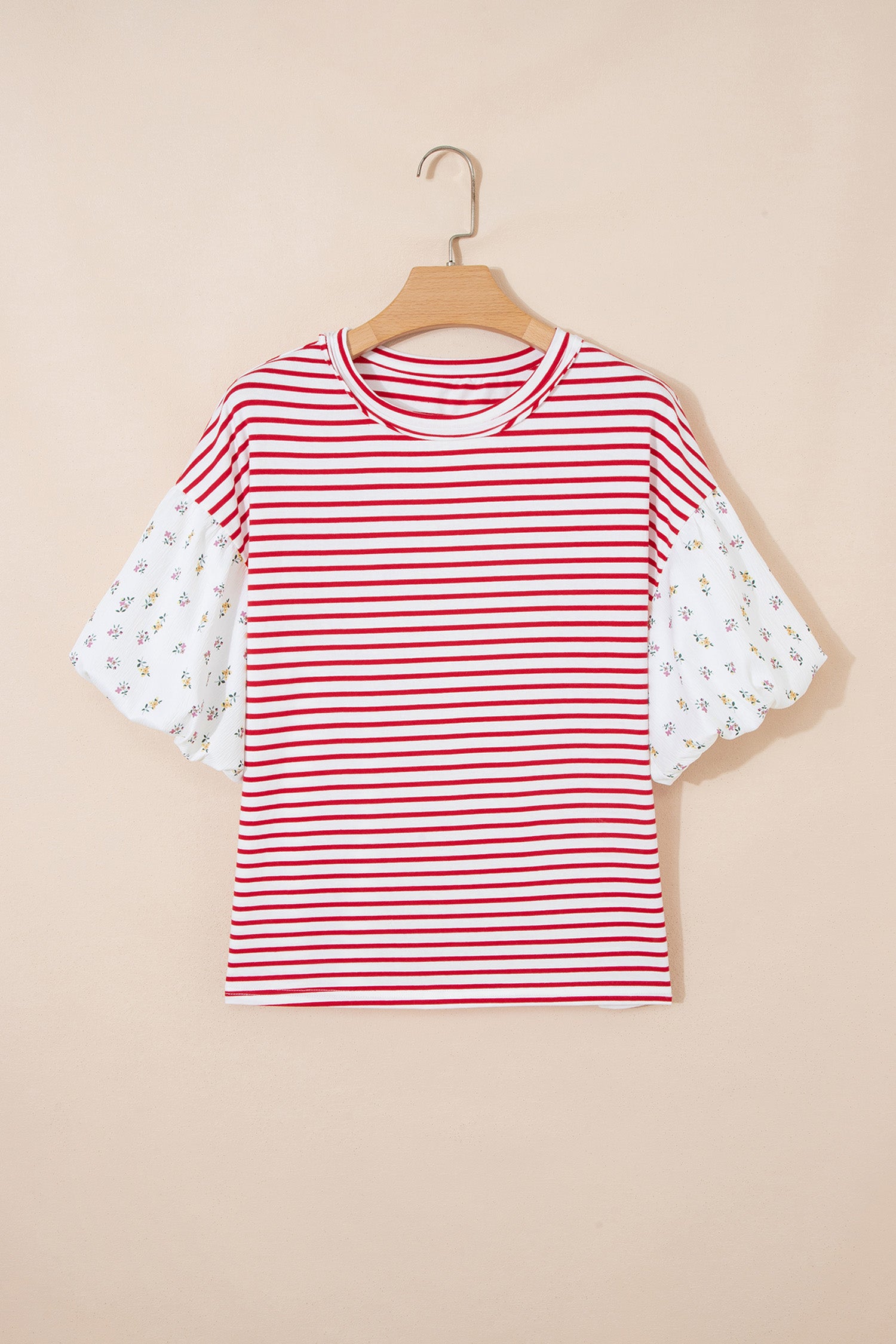 Red Stripe Floral Puff Sleeve Patchwork Round Neck Loose Top-Tops/Blouses & Shirts-[Adult]-[Female]-2022 Online Blue Zone Planet