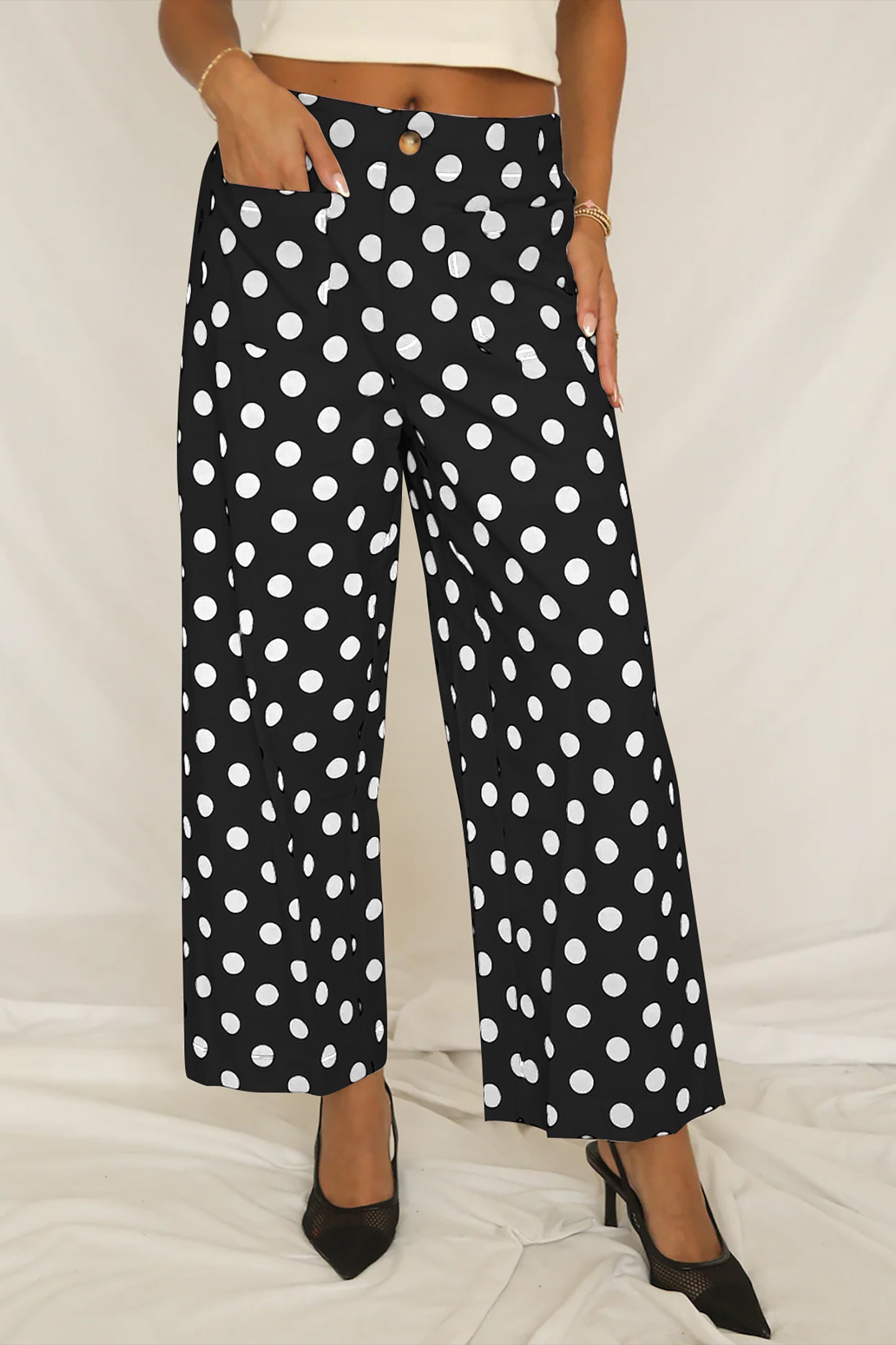 Black Polka Dot Print Patched Pocket Mid-rise Straight Leg Pants-Bottoms/Pants & Culotte-[Adult]-[Female]-Black-S-2022 Online Blue Zone Planet