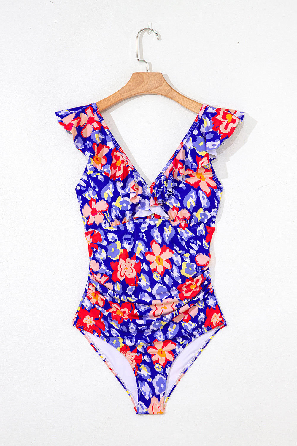 Blue Floral Ruffle Trim V Neck Lace-Up Back Tummy Control One Piece Swimsuit-Swimwear/One Piece Swimsuit-[Adult]-[Female]-2022 Online Blue Zone Planet
