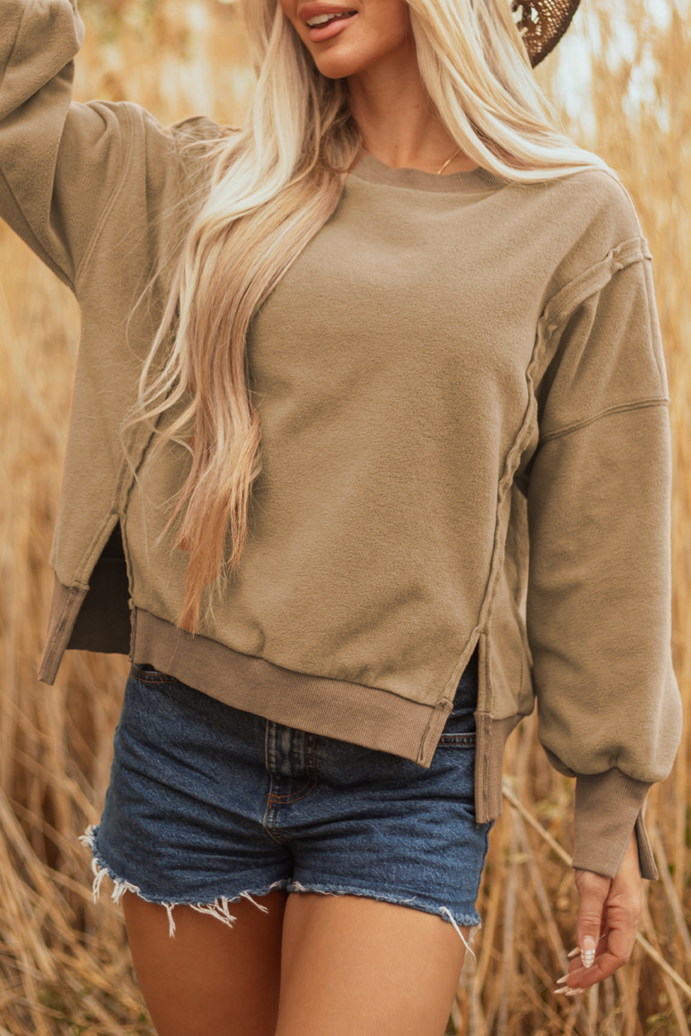 Dark Khaki Fuzzy Sherpa Splicing Pullover Sweatshirt With Side Slit-Tops/Sweatshirts & Hoodies-[Adult]-[Female]-2022 Online Blue Zone Planet
