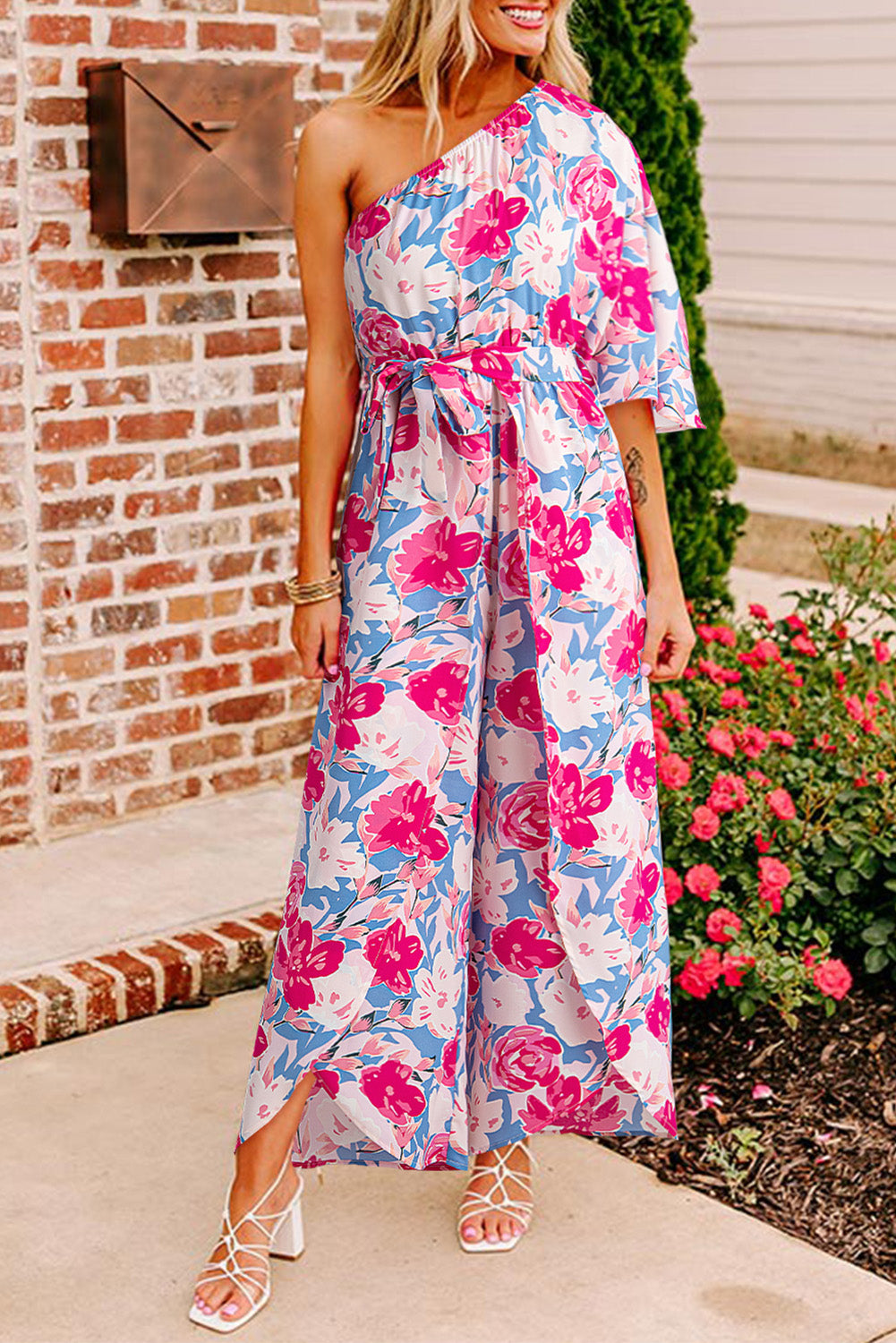 Pink Floral Print Asymmetrical Neckline Single Shoulder Drape Sleeve Belted Jumpsuit-Bottoms/Jumpsuits & Rompers-[Adult]-[Female]-Pink-S-2022 Online Blue Zone Planet