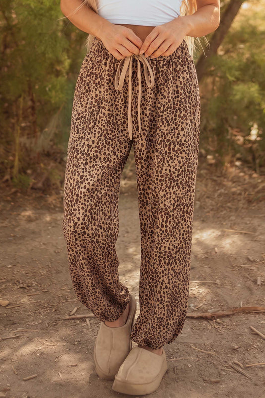 Khaki Leopard Print Drawstring Waist Patch Pockets Pants-Bottoms/Pants & Culotte-[Adult]-[Female]-Khaki-S-2022 Online Blue Zone Planet