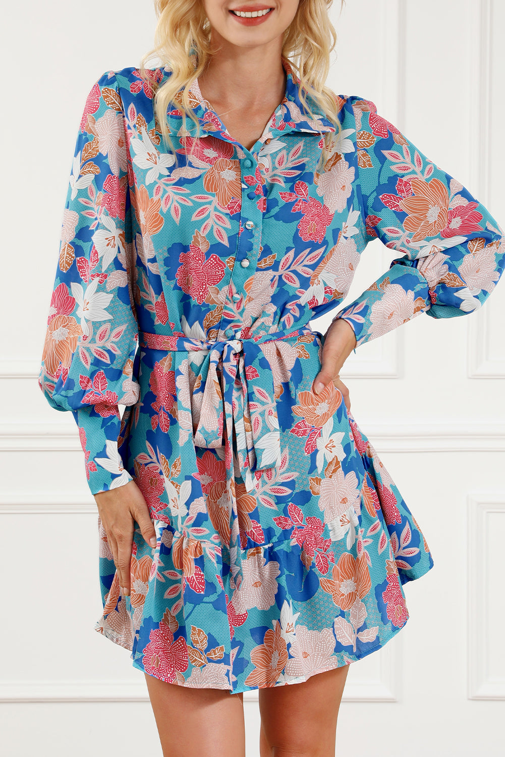 Blue Floral Print Lantern Sleeve Belted Shirt Dress-TOPS / DRESSES-[Adult]-[Female]-Blue-S-2022 Online Blue Zone Planet