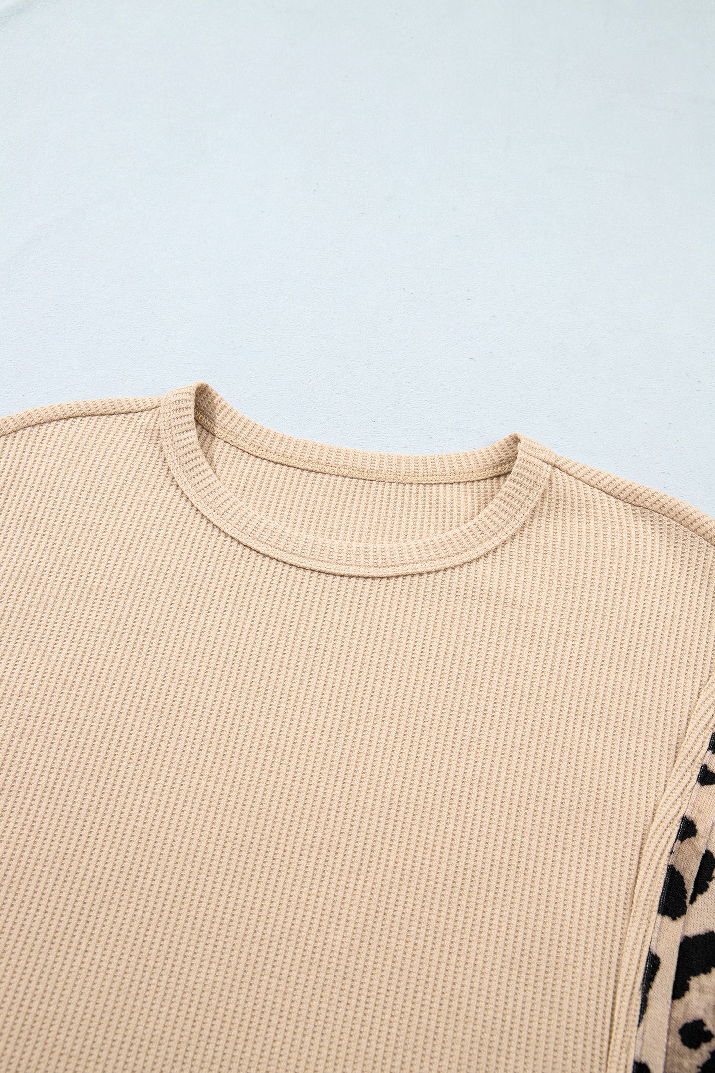 Gray Morn Leopard Sleeve Waffle Knit Split Hem Top-Tops/Long Sleeve Tops-[Adult]-[Female]-2022 Online Blue Zone Planet