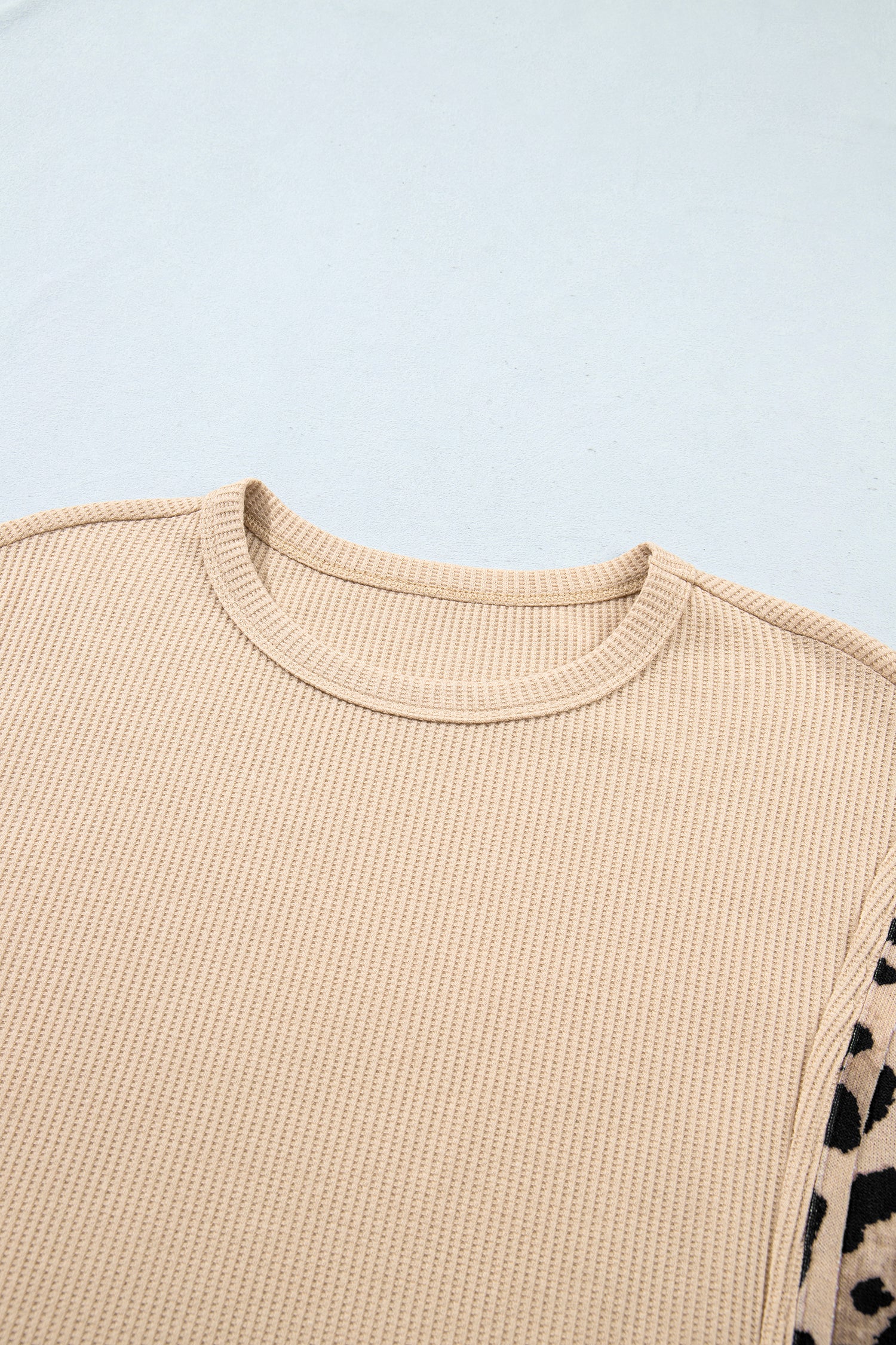 Gray Morn Leopard Sleeve Waffle Knit Split Hem Top-Tops/Long Sleeve Tops-[Adult]-[Female]-2022 Online Blue Zone Planet