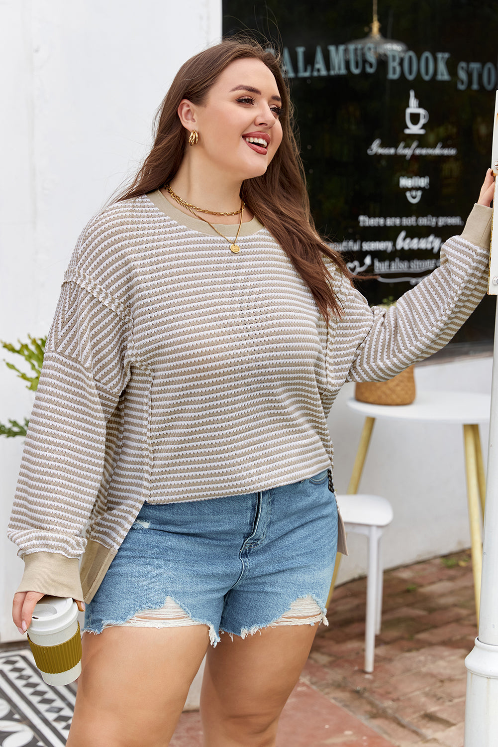 Brown Stripe Plus Size Breathable Knit Ribbed Trim Long Sleeve Top-Plus Size/Plus Size Tops/Plus Size Long Sleeve Tops-[Adult]-[Female]-2022 Online Blue Zone Planet