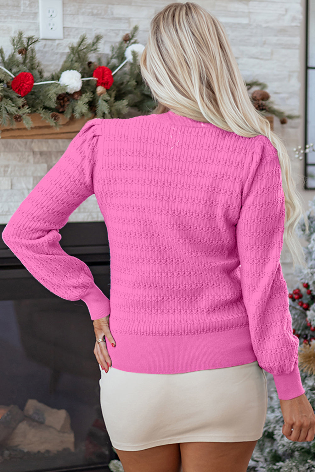 Bright Pink Trendy Pattern Knit Ribbed Cuffs Crew Neck Sweater-TOPS / DRESSES-[Adult]-[Female]-2022 Online Blue Zone Planet