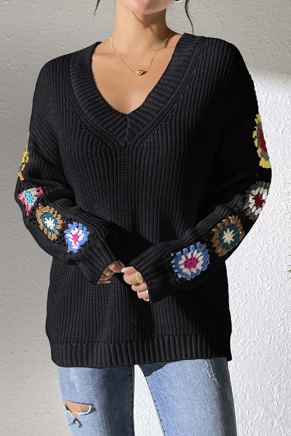 Blue Zone Planet | Black Crochet Flower Splicing V-Neck Pullover Sweater-Sweaters-[Adult]-[Female]-2022 Online Blue Zone Planet