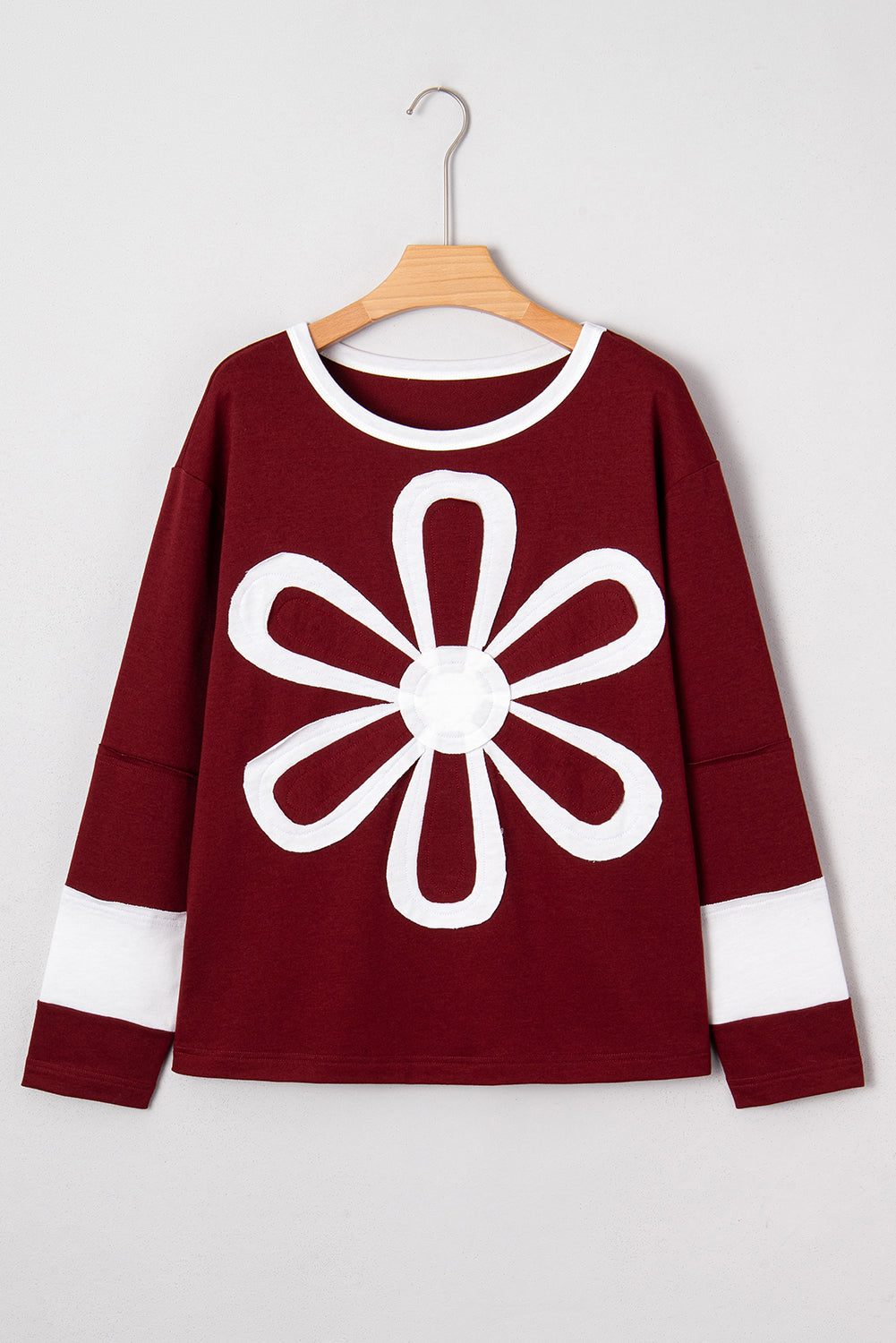 Red Dahlia Cheerful Daisy Flower Patched Round Neck Long Sleeve Top-Tops/Long Sleeve Tops-[Adult]-[Female]-2022 Online Blue Zone Planet