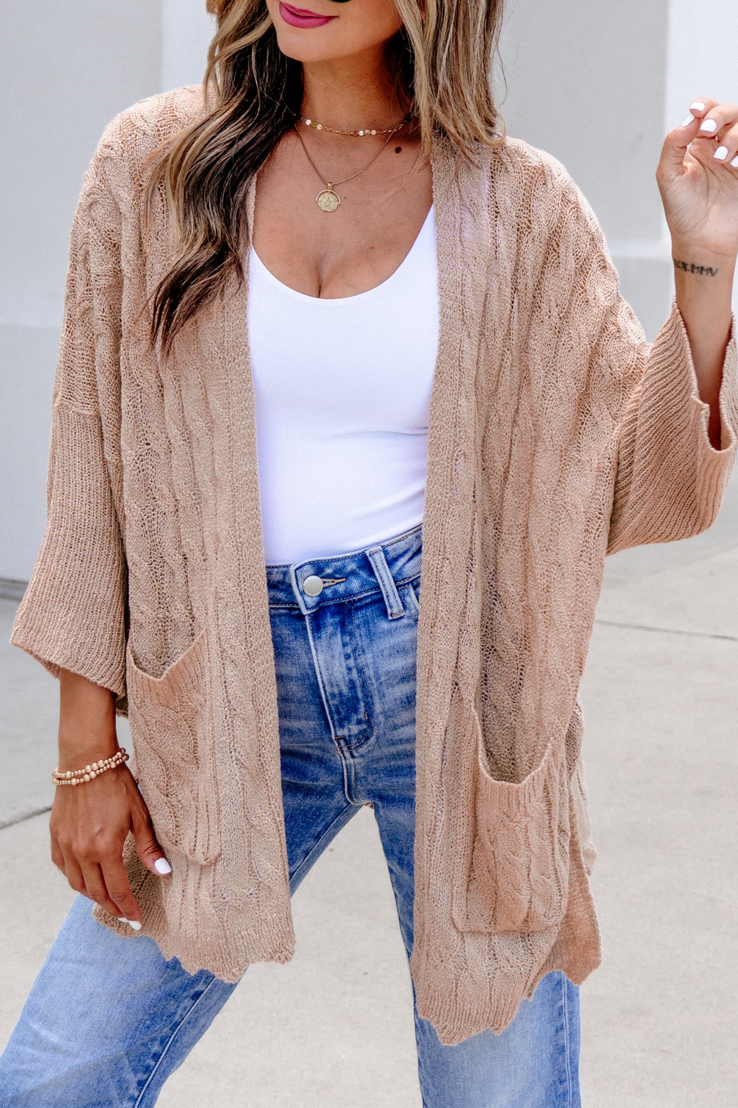 Old Rose Hollowed Pattern Knit Drop Shoulder Open Sweater Cardigan-Sweaters & Cardigans/Cardigans-[Adult]-[Female]-2022 Online Blue Zone Planet