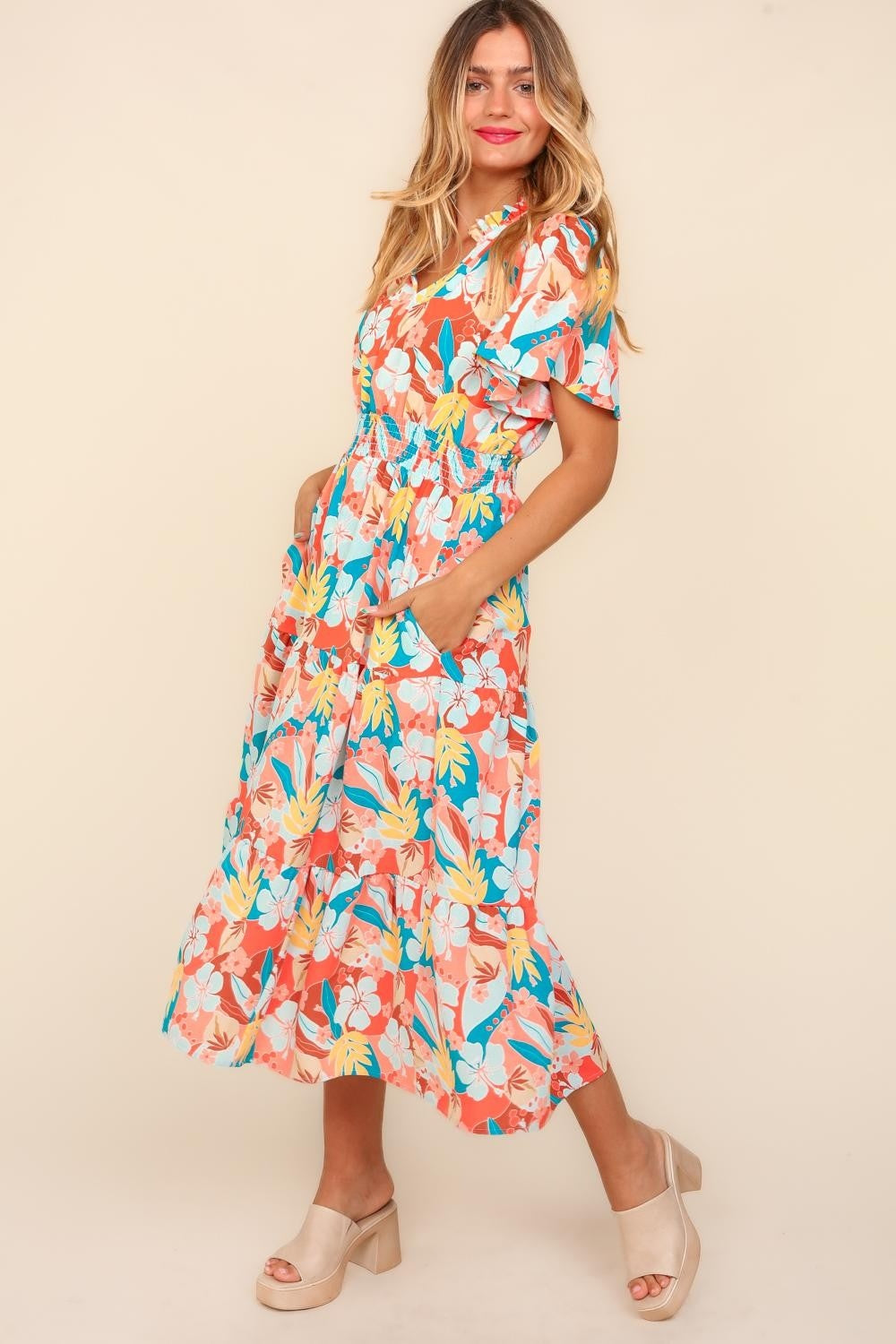 Haptics Full Size Tropical Floral Tiered Dress with Side Pockets-TOPS / DRESSES-[Adult]-[Female]-2022 Online Blue Zone Planet