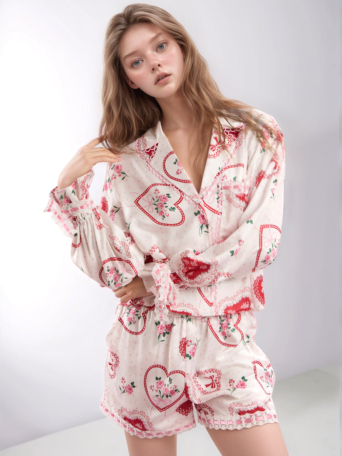 Valentine’s Day Lace Detail Heart Print Collared Neck Top and Shorts Lounge Set-TOPS / DRESSES-[Adult]-[Female]-2022 Online Blue Zone Planet