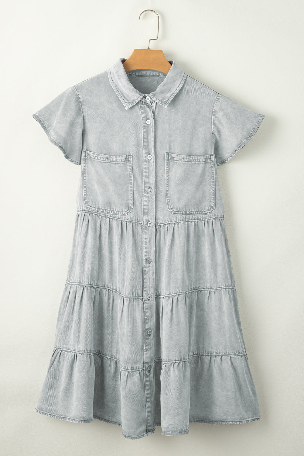 Bonbon Mineral Washed Ruffle Sleeve Tiered Chambray Dress Blue Zone Planet