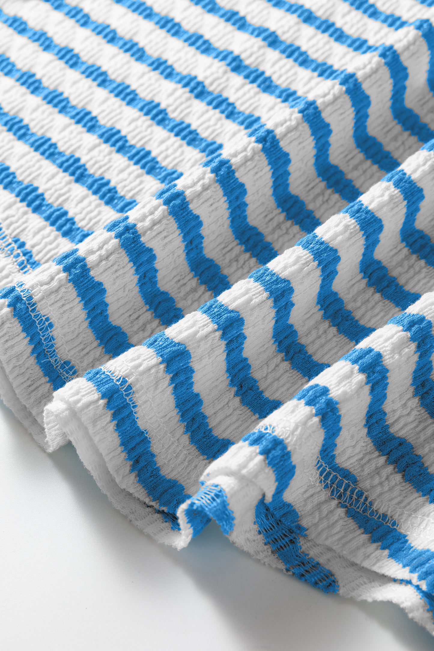 Blue Stripe Textured Short Sleeve Patchwork T Shirt-Tops/Tops & Tees-[Adult]-[Female]-2022 Online Blue Zone Planet