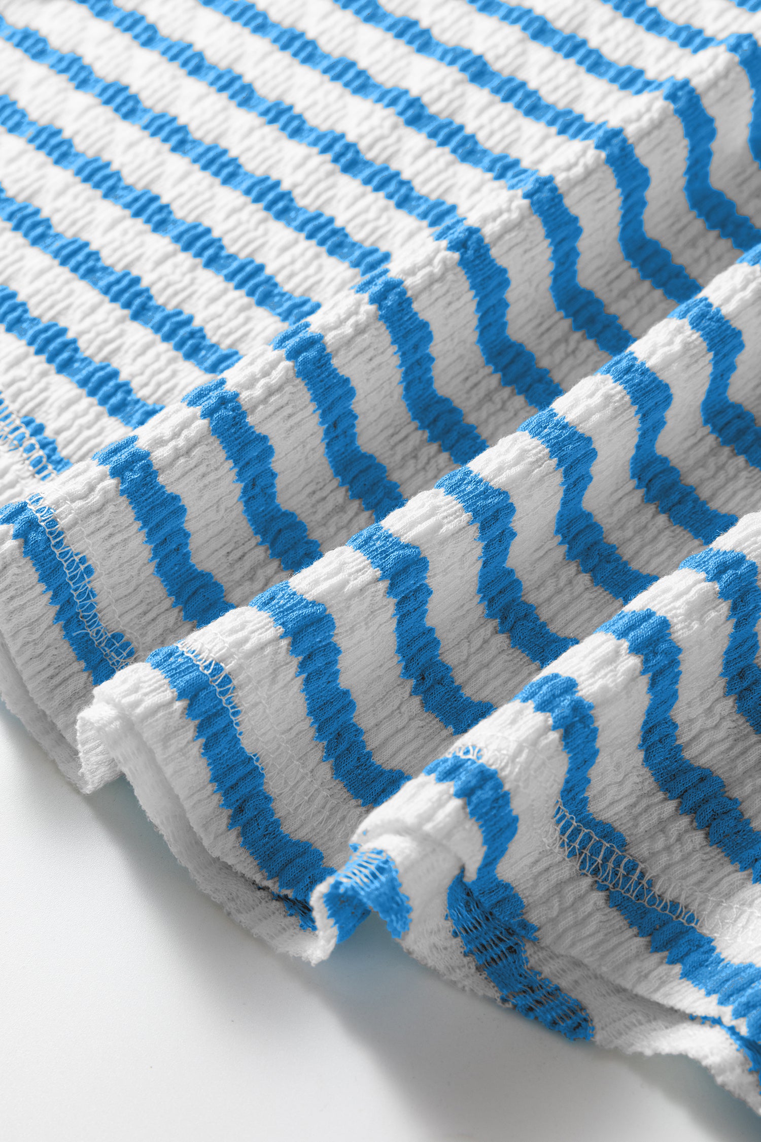 Blue Stripe Textured Short Sleeve Patchwork T Shirt-Tops/Tops & Tees-[Adult]-[Female]-2022 Online Blue Zone Planet