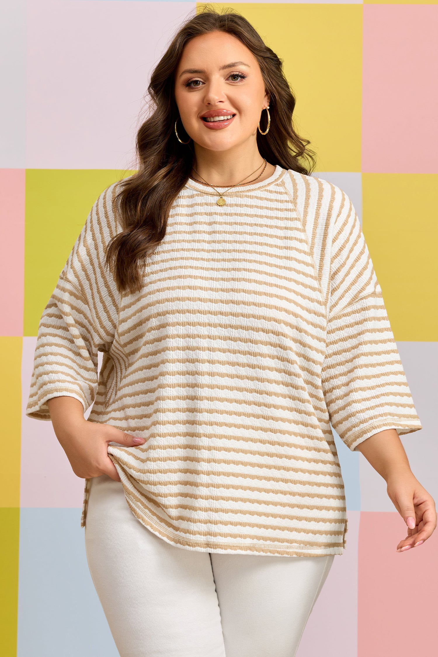 Apricot Stripe Plus Size Textured Patchwork Detail Half Sleeve Top-Plus Size/Plus Size Tops/Plus Size Tops & Tees-[Adult]-[Female]-2022 Online Blue Zone Planet