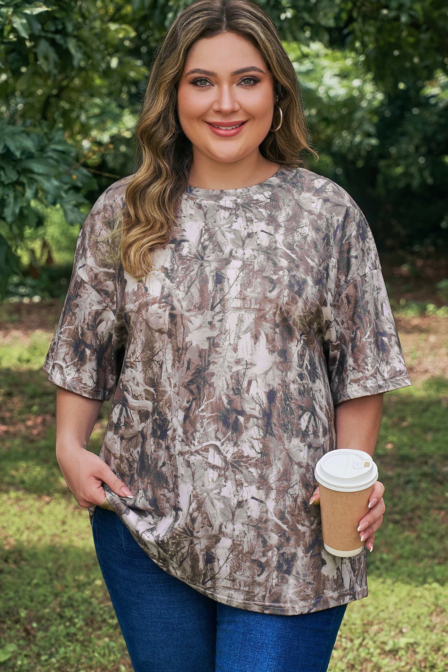 Khaki Plus Size Woodland Camouflage Print T Shirt-Plus Size/Plus Size Tops/Plus Size Tops & Tees-[Adult]-[Female]-2022 Online Blue Zone Planet