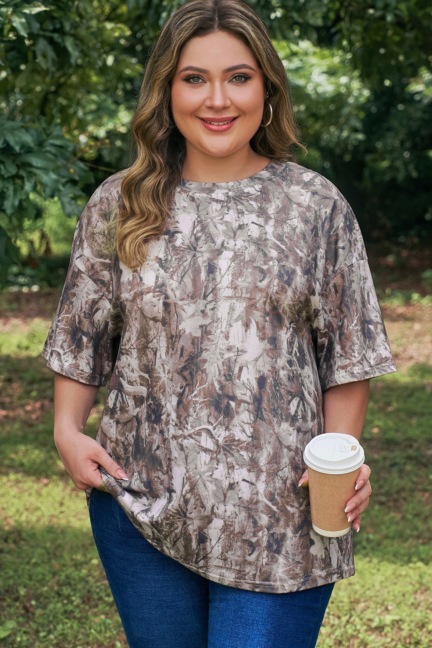 Khaki Plus Size Woodland Camouflage Print T Shirt-Plus Size/Plus Size Tops/Plus Size Tops & Tees-[Adult]-[Female]-2022 Online Blue Zone Planet