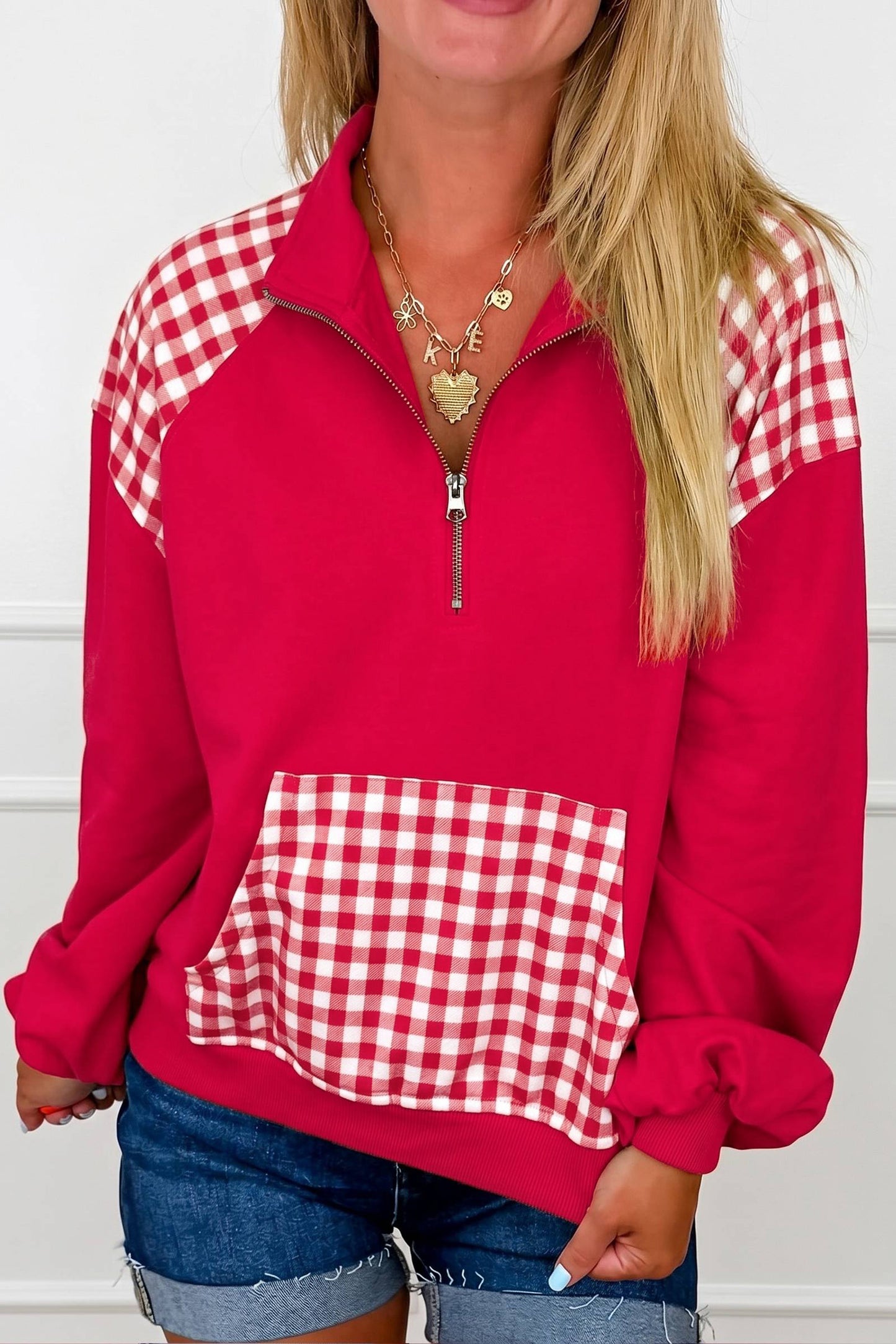 Navy Blue Patchwork Plaid Pocket Quarter Zip Sweatshirt-Tops/Sweatshirts & Hoodies-[Adult]-[Female]-Racing Red-S-2022 Online Blue Zone Planet