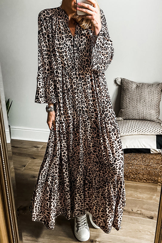 Apricot Leopard Print Tiered Wide Sleeve Maxi Dress-Dresses/Maxi Dresses-[Adult]-[Female]-Apricot-S-2022 Online Blue Zone Planet