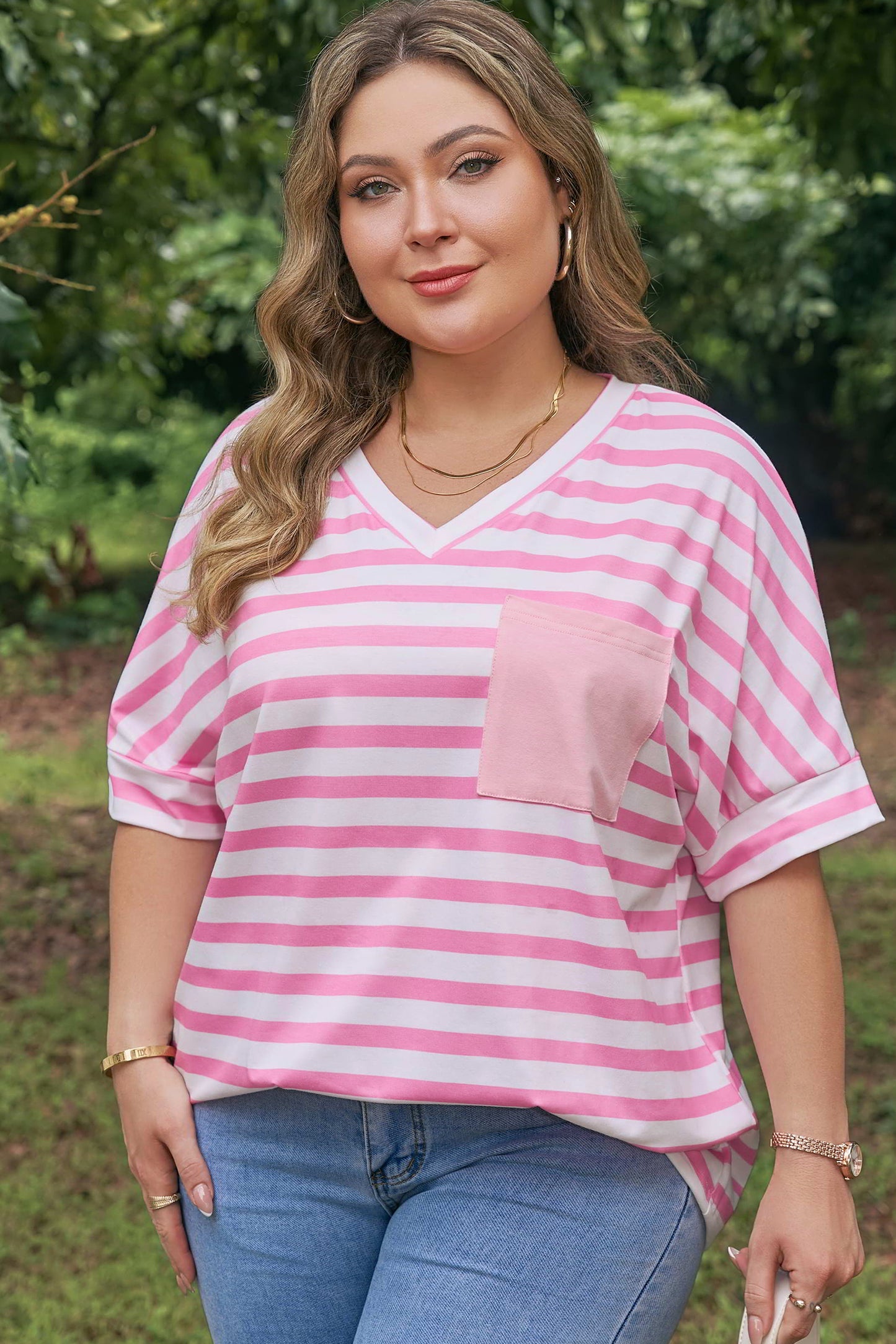 Pink Stripe Colorblock Patched Pocket V Neck Plus Size Tee-Plus Size/Plus Size Tops/Plus Size Tops & Tees-[Adult]-[Female]-2022 Online Blue Zone Planet