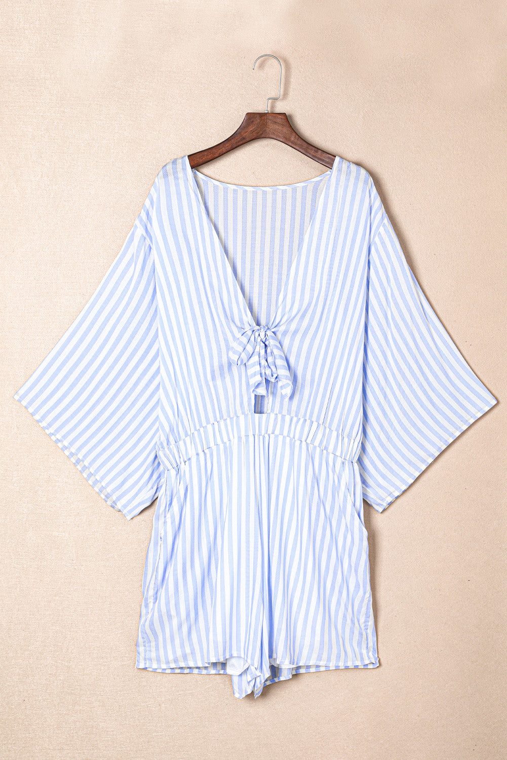 Blue Zone Planet | Bow Striped Kimono Sleeve Romper-TOPS / DRESSES-[Adult]-[Female]-2022 Online Blue Zone Planet