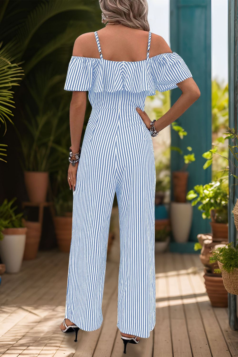 Ruffled Striped Short Sleeve Jumpsuit-TOPS / DRESSES-[Adult]-[Female]-2022 Online Blue Zone Planet