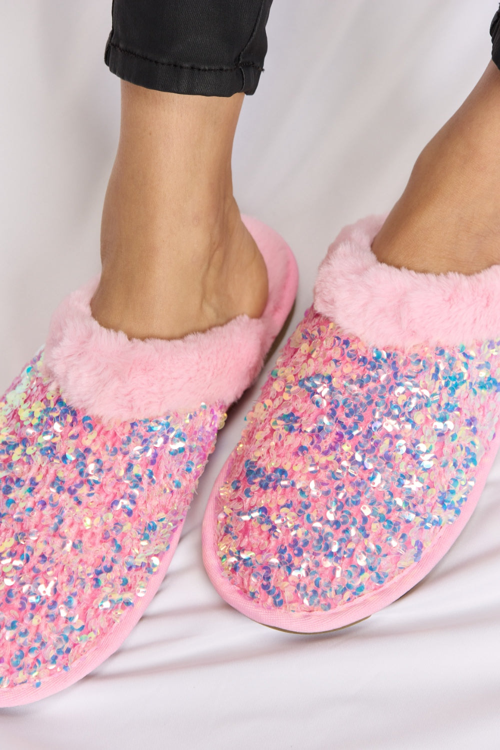Blue Zone Planet |  Forever Link Sequin Plush Round Toe Slippers BLUE ZONE PLANET