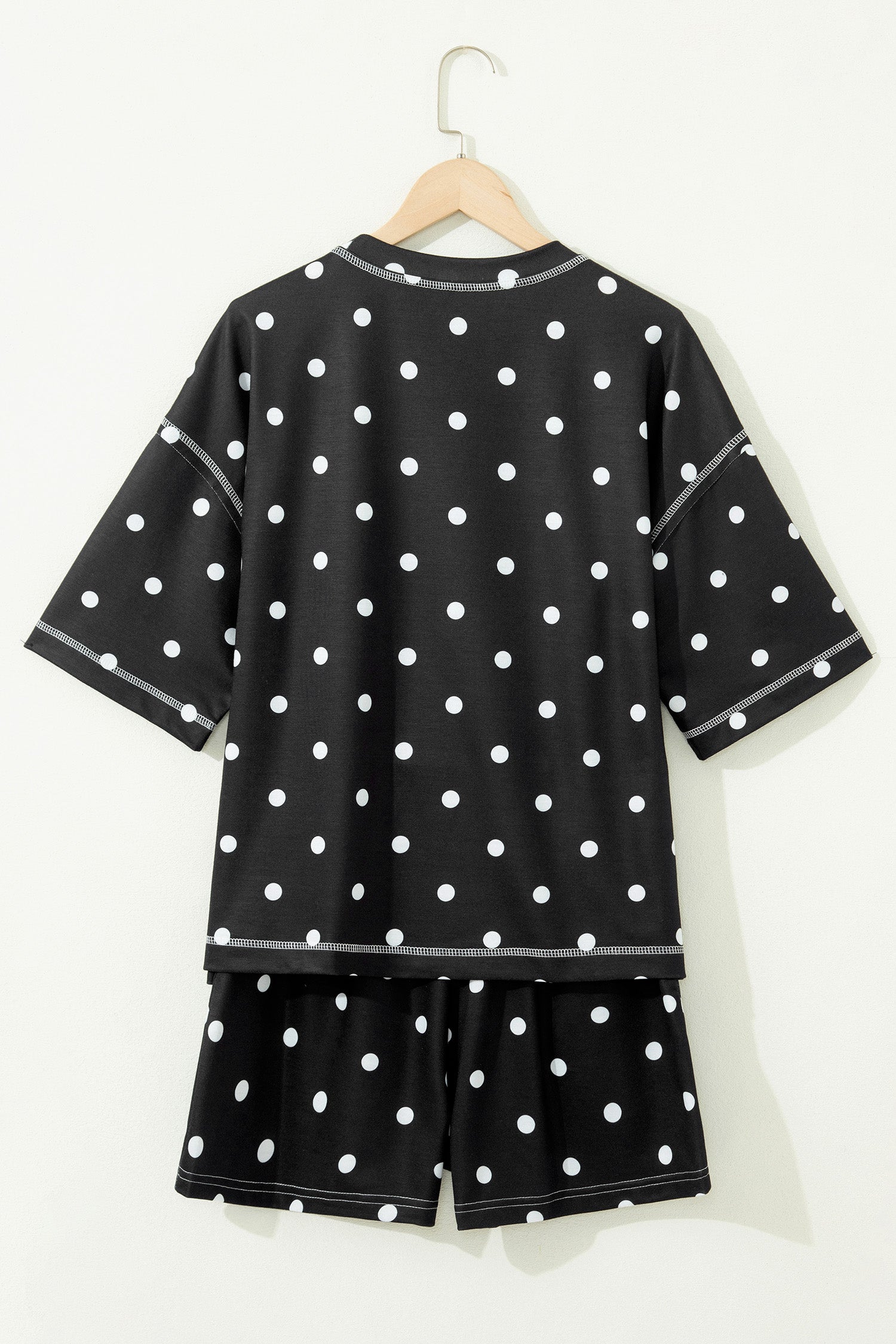 White Exposed Seam Detail Polka Dot Loose Tee Drawstring Shorts Set-Two Piece Sets/Short Sets-[Adult]-[Female]-2022 Online Blue Zone Planet