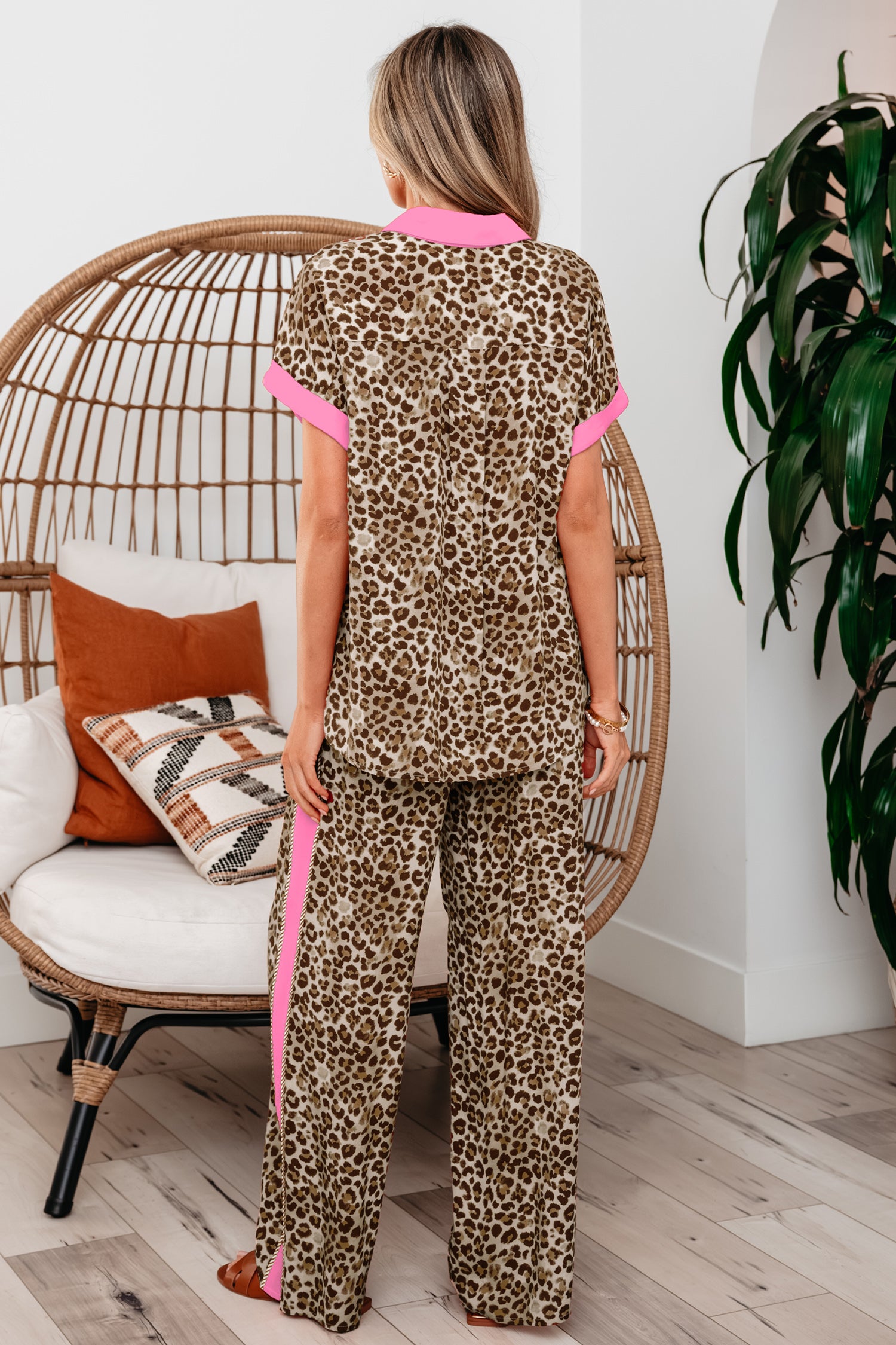 Brown Contrast Trim Leopard Top and Pant Set-Two Piece Sets/Pant Sets-[Adult]-[Female]-2022 Online Blue Zone Planet