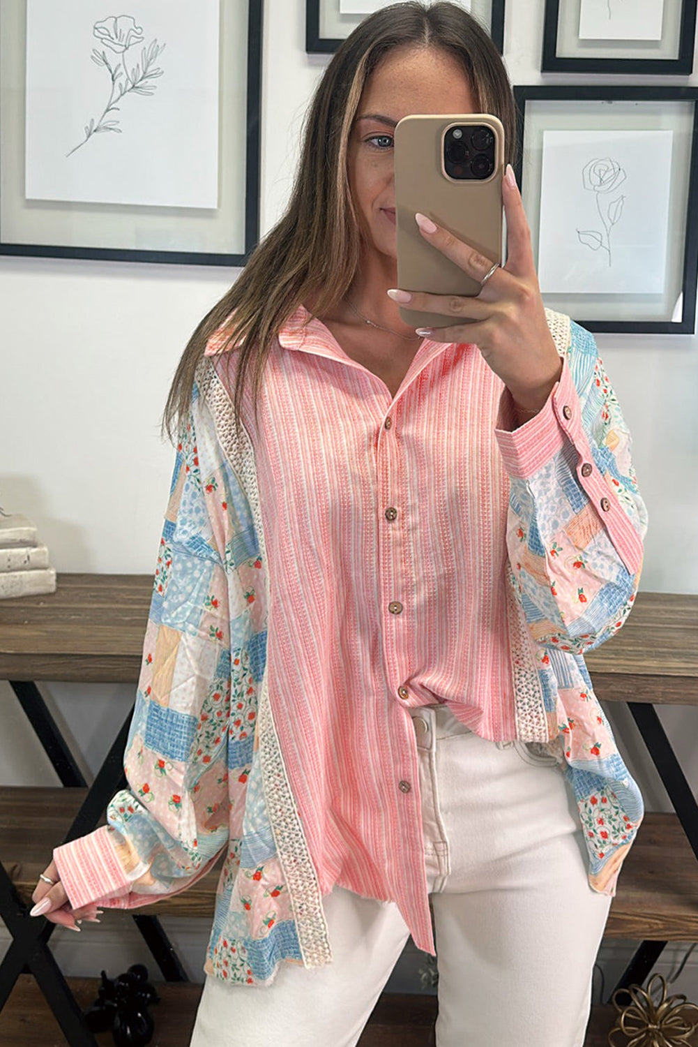 Pink Stripe Floral Patchwork Tunic Loose Fit Shirt-Tops/Blouses & Shirts-[Adult]-[Female]-2022 Online Blue Zone Planet