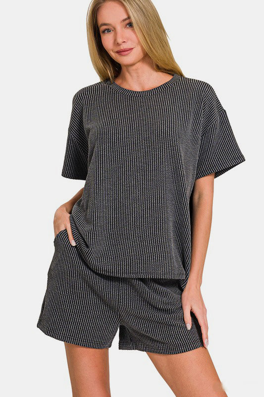 Blue Zone Planet | Zenana Rib Short Sleeve T-Shirt and Shorts Set-TOPS / DRESSES-[Adult]-[Female]-Dark Gray-S-2022 Online Blue Zone Planet