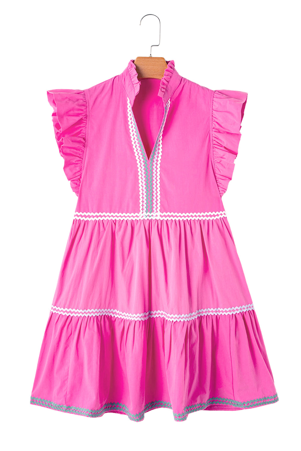 Blue Zone Planet | Strawberry Pink Ric Rac Colorblock Flutter Sleeve V Neck Tiered Dress-TOPS / DRESSES-[Adult]-[Female]-2022 Online Blue Zone Planet