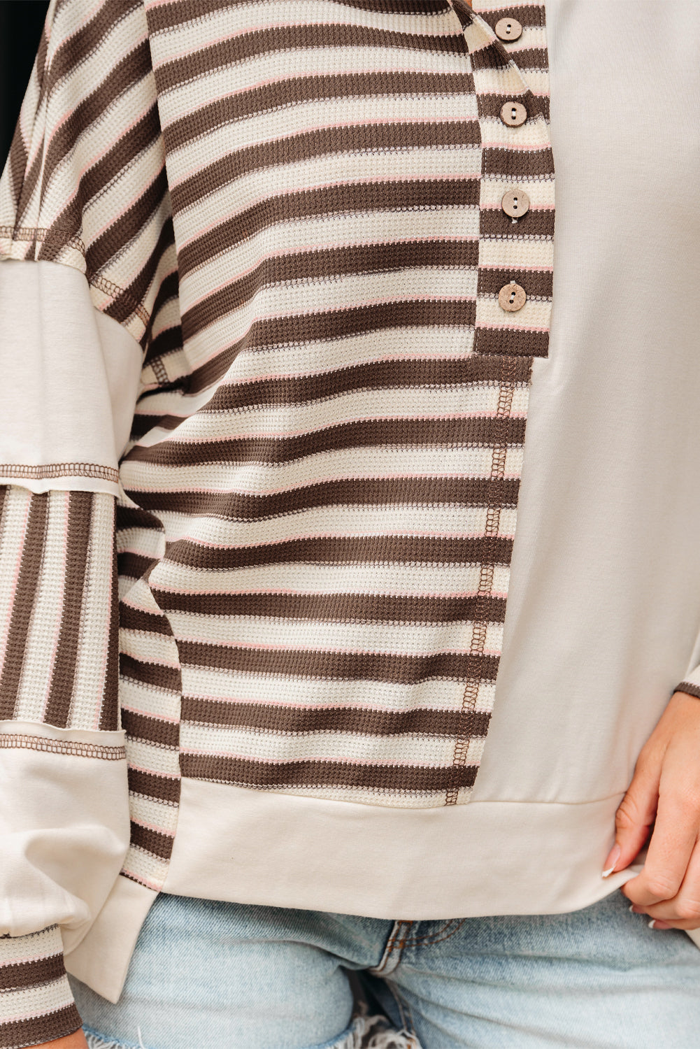 Khaki Stripe Stitched Detail Color Block Patchwork Oversized Pullover Top-Tops/Long Sleeve Tops-[Adult]-[Female]-2022 Online Blue Zone Planet