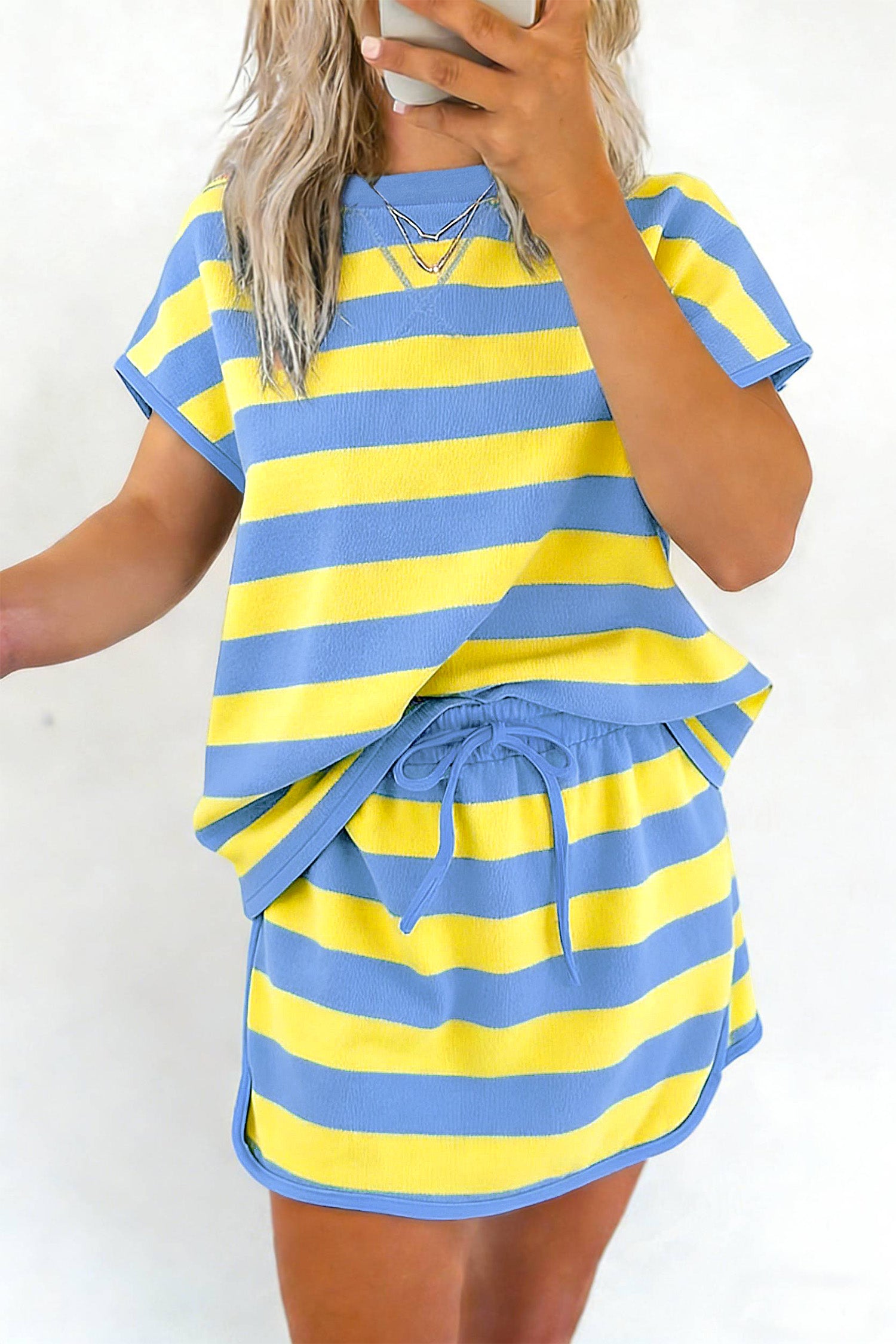 Yellow Stripe Dolman Tee Drawstring Skort Athletic 2pcs Set-Two Piece Sets/Short Sets-[Adult]-[Female]-2022 Online Blue Zone Planet