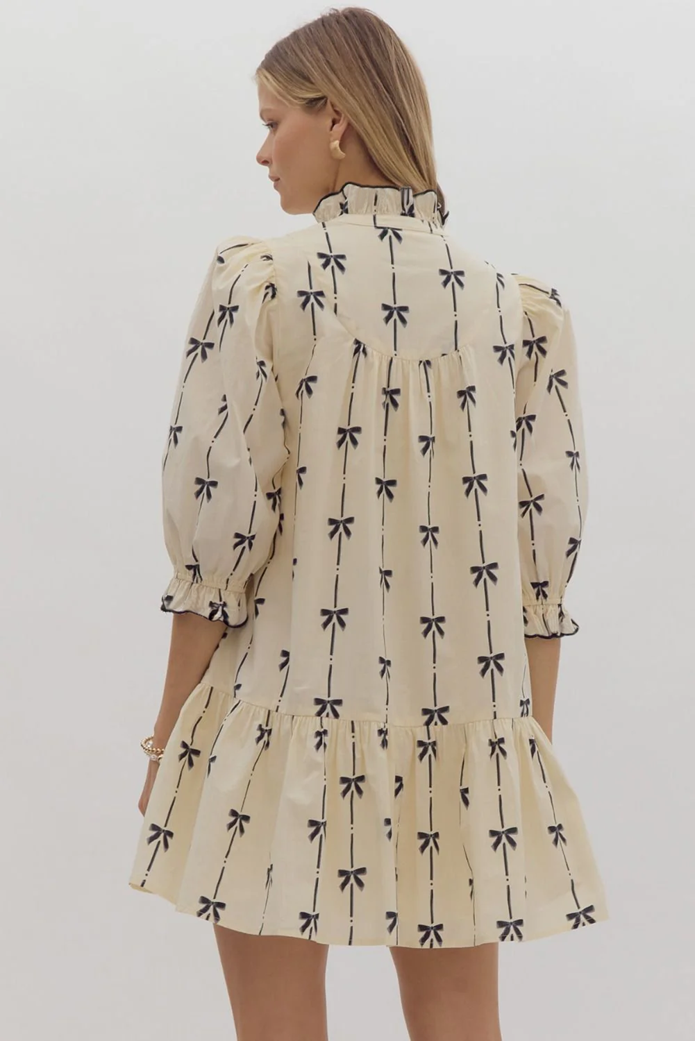 Beige Cute Bowknot Printed Bubble Sleeve V Neck Mini Dress-Dresses/Mini Dresses-[Adult]-[Female]-2022 Online Blue Zone Planet