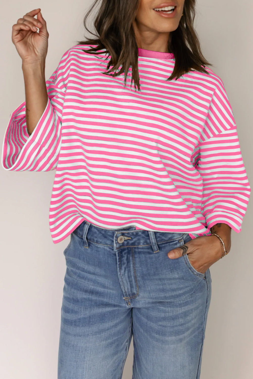 Pink Stripe Bowknot Cutout Back Drop Shoulder Wide Bracelet Sleeve Loose Tee-Tops/Tops & Tees-[Adult]-[Female]-2022 Online Blue Zone Planet