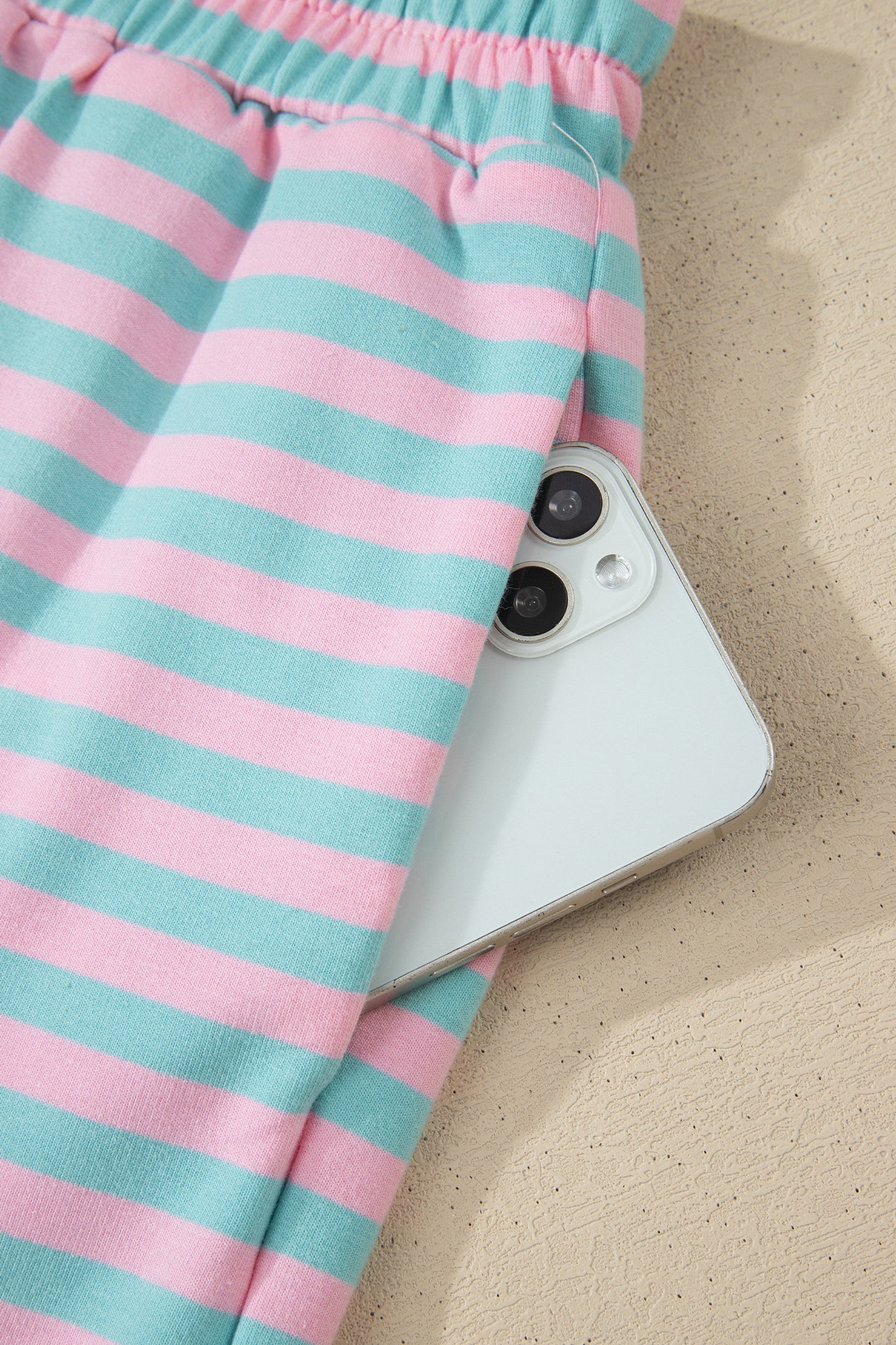 Pink Stripe Color Block Detail Long Sleeve Pullover Elastic Waist Pull On Shorts 2pcs Set-Two Piece Sets/Short Sets-[Adult]-[Female]-2022 Online Blue Zone Planet