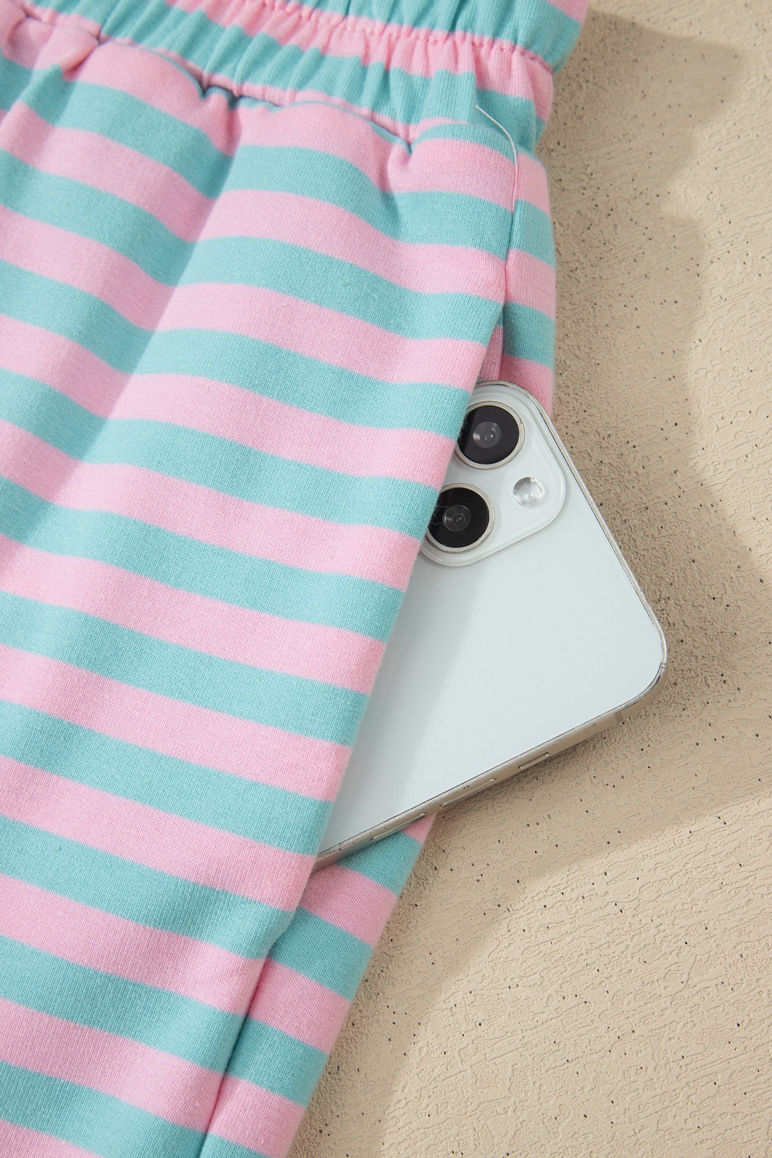 Pink Stripe Color Block Detail Long Sleeve Pullover Elastic Waist Pull On Shorts 2pcs Set-Two Piece Sets/Short Sets-[Adult]-[Female]-2022 Online Blue Zone Planet
