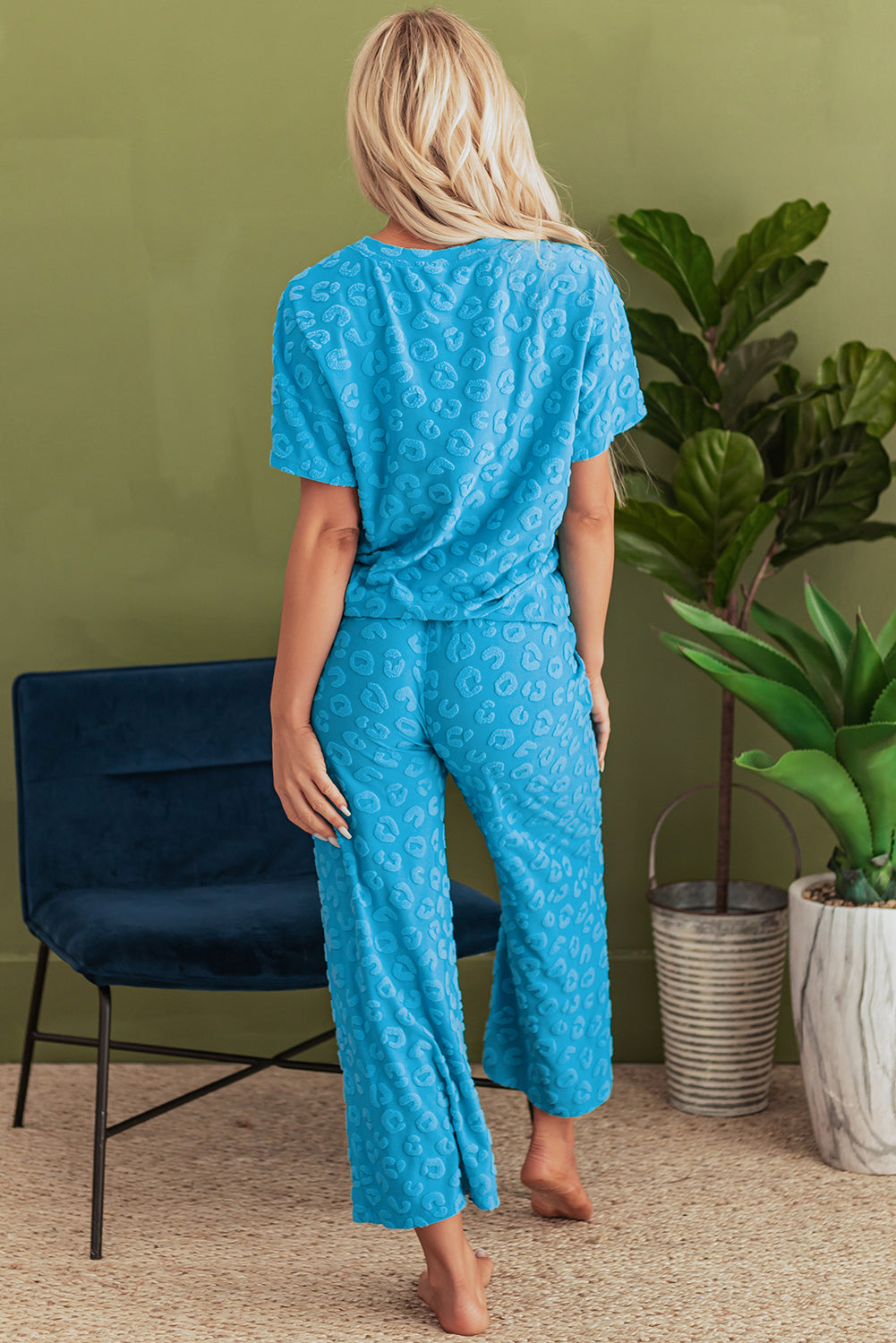 Blue Zone Planet | Blue Leopard Jacquard Short Sleeve Top and Wide Leg Pants Set-Two Piece Sets/Pant Sets-[Adult]-[Female]-2022 Online Blue Zone Planet