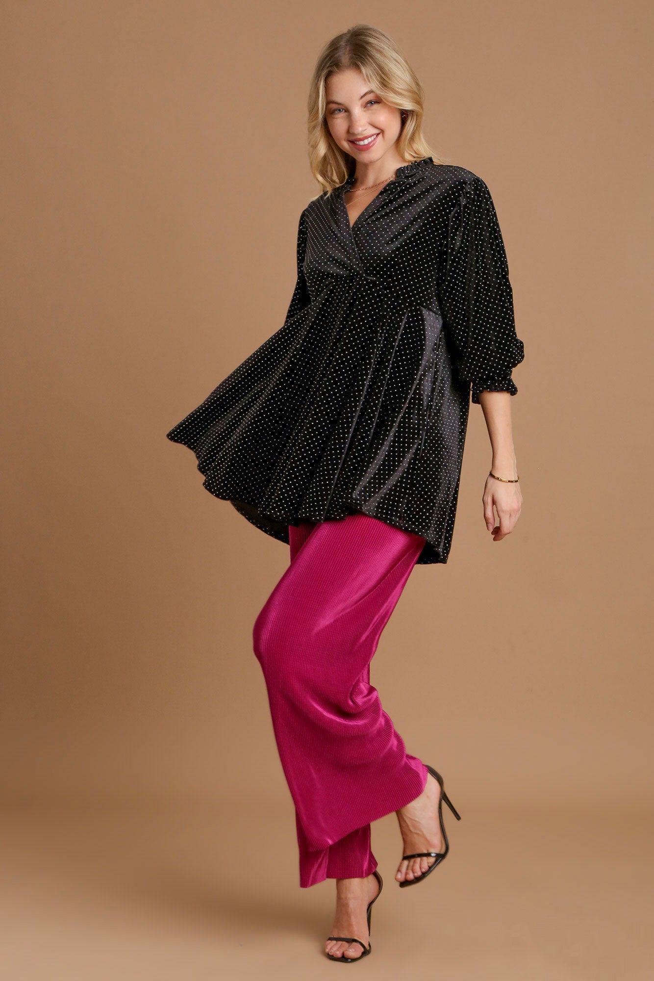 Blue Zone Planet | Umgee Full Size Beaded Frill Flounce Sleeve Velvet Babydoll Blouse-TOPS / DRESSES-[Adult]-[Female]-2022 Online Blue Zone Planet