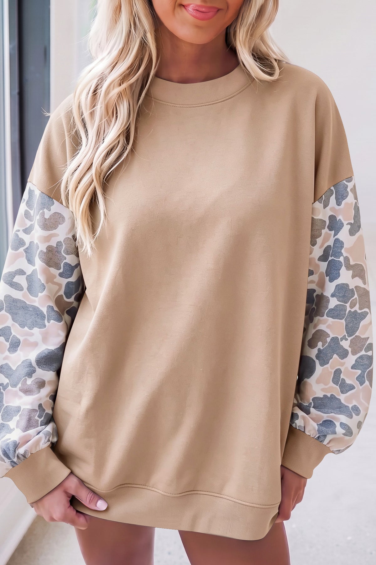 Coffee Camouflage Sleeve Crewneck Baggy Pullover Sweatshirt-Tops/Sweatshirts & Hoodies-[Adult]-[Female]-2022 Online Blue Zone Planet