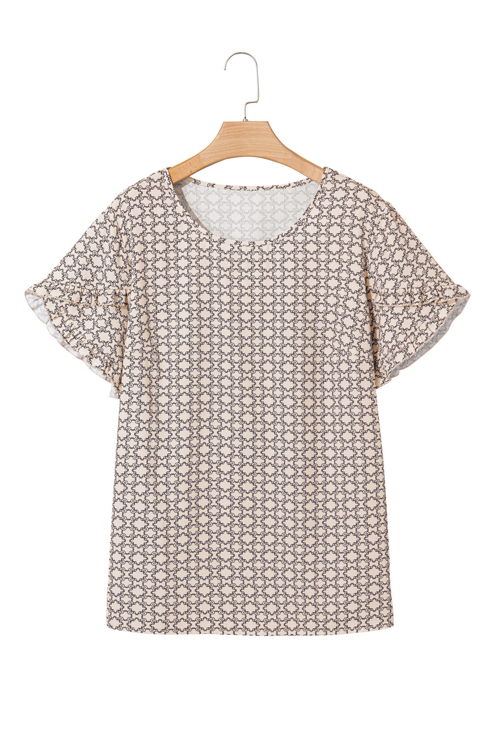 Khaki Plus Size Geometric Print Ruffled Sleeve Blouse-Plus Size/Plus Size Tops/Plus Size Blouses & Shirts-[Adult]-[Female]-2022 Online Blue Zone Planet