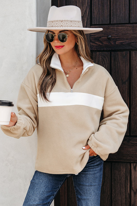Parchment Fleece Colorblock Patchwork Zipped Neck Pullover Sweatshirt-Tops/Sweatshirts & Hoodies-[Adult]-[Female]-2022 Online Blue Zone Planet
