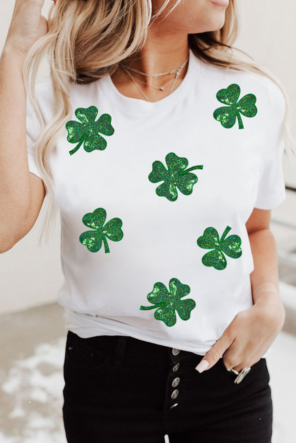 White Sequin Lucky Clover Graphic Crewneck Tee-Graphic/Graphic Tees-[Adult]-[Female]-White-S-2022 Online Blue Zone Planet