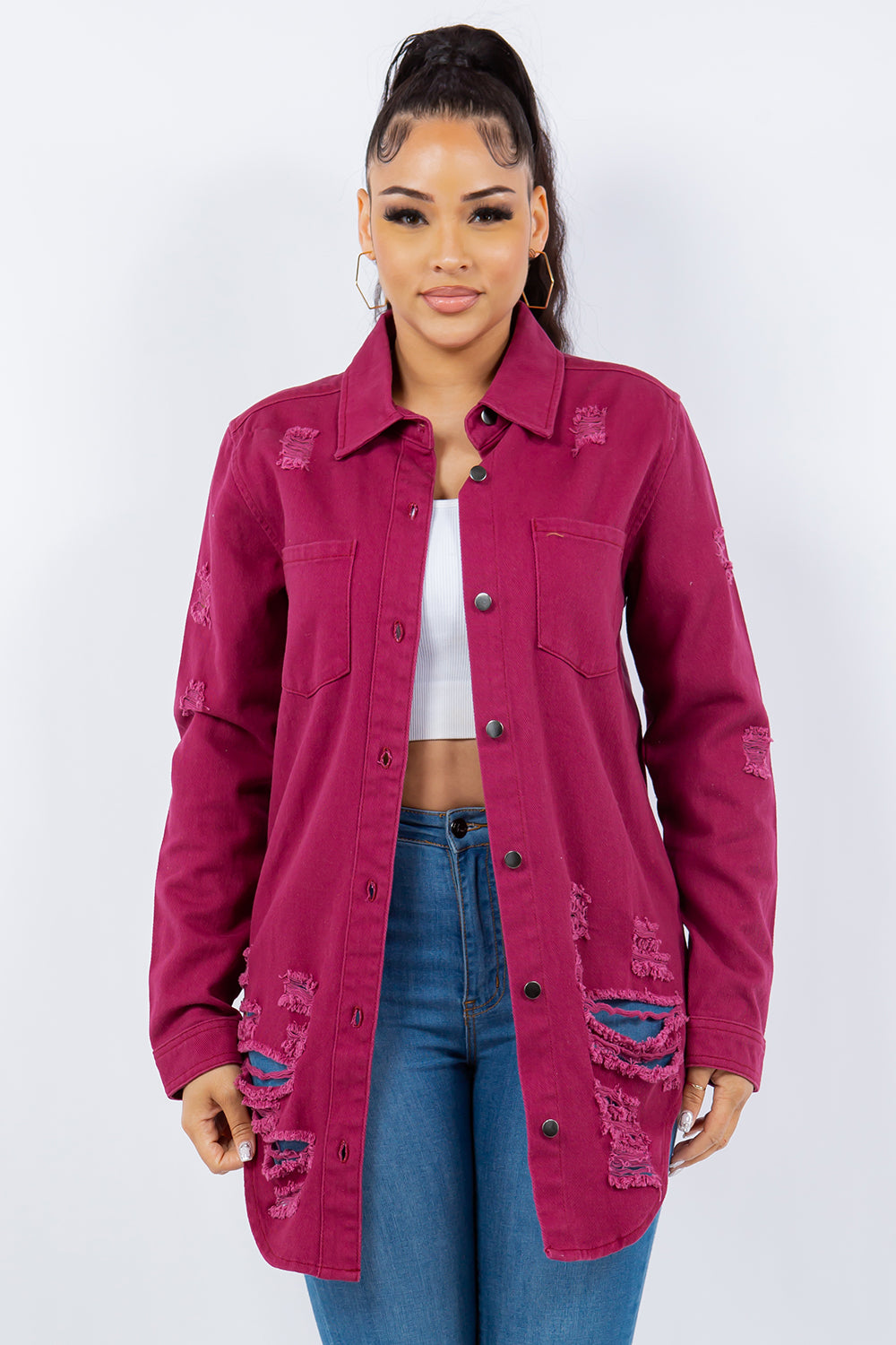 Blue Zone Planet | American Bazi Distressed Button Up Long Sleeve Denim Jacket-TOPS / DRESSES-[Adult]-[Female]-Deep Purple-S-2022 Online Blue Zone Planet